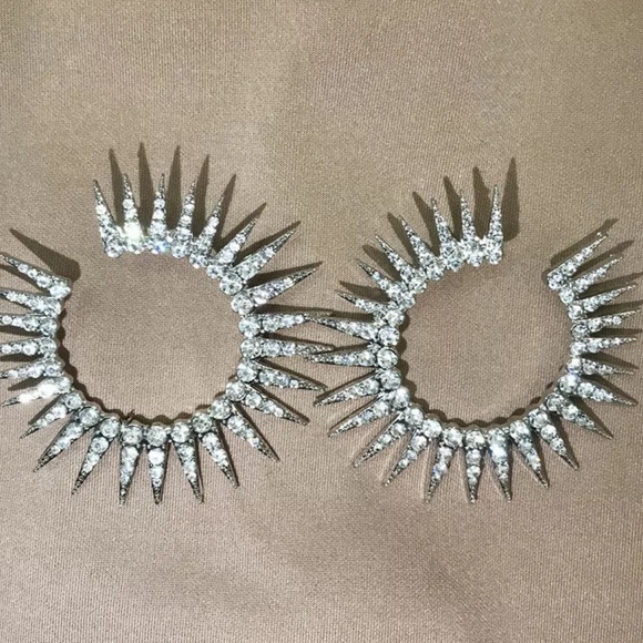 Silver Diamond Spike Hoop Earrings - Picture 5 of 7